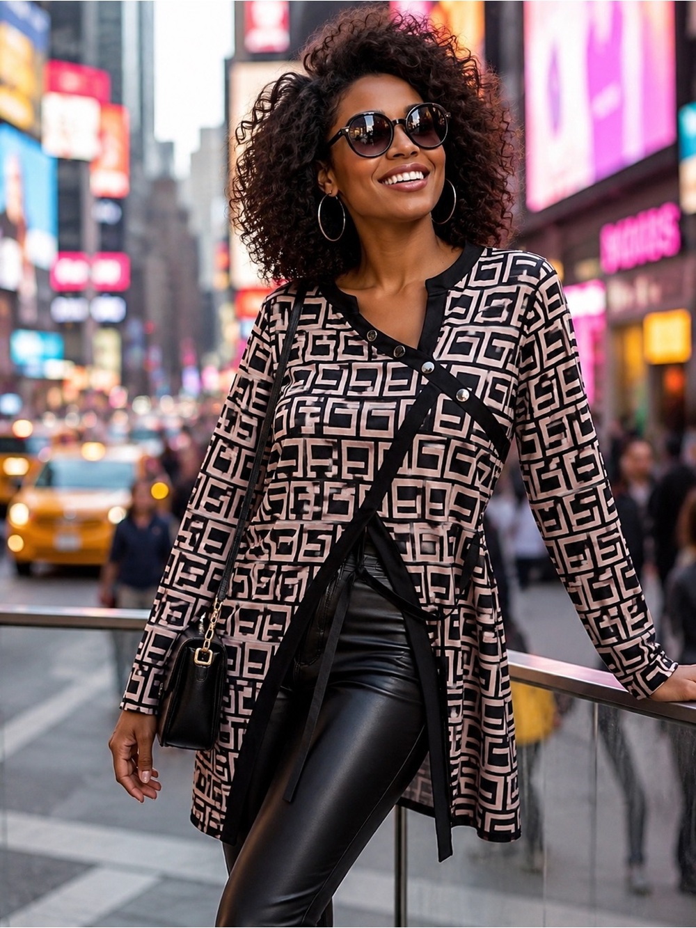Geometric Print Asymmetric Wrap Tunic - Black & Blush